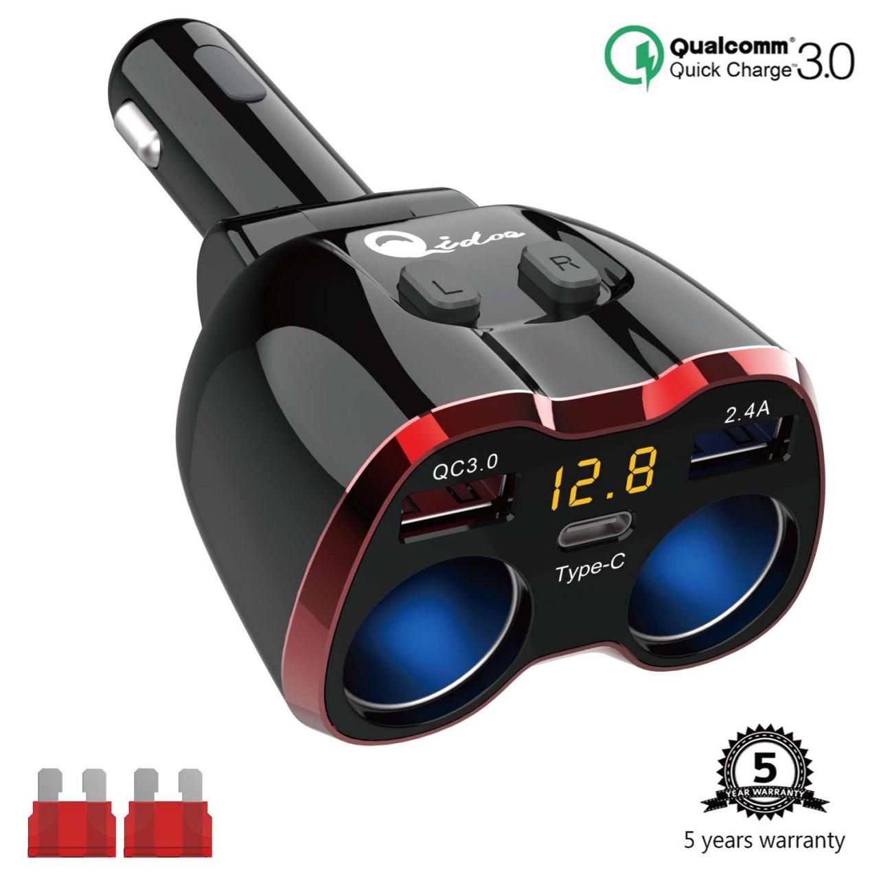 Car Charger, 150W 2-Socket Cigarette Lighter Splitter QC 3.0 Dual USB Ports  1 PD 18W USB C Fast Car Adapter with Separate Switch LED Voltmeter  Replaceable 15A Fuse for GPS/Dash Cam/Phone/iPad- Buy