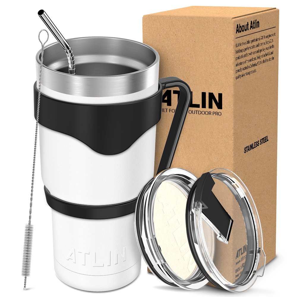 factory outlet store | Atlin Tumbler [30 oz. Double Wall Stainless Steel  Vacuum Insulation] - Orange Travel Mug [Crystal Clear Lid] Water Coffee Cup  [Straw + Handle Included] For Home, Office, Ice