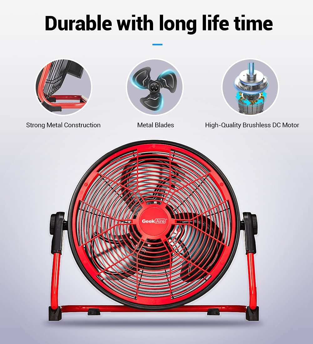 Buy Geek Aire Rechargeable Outdoor High Velocity Floor Fan,16'' Portable  15000mAh Battery Operated Fan with Metal Blade for Garage Barn Gym Camp,  Run All Day Cordless Industrial Fan,USB Output for Phone Online