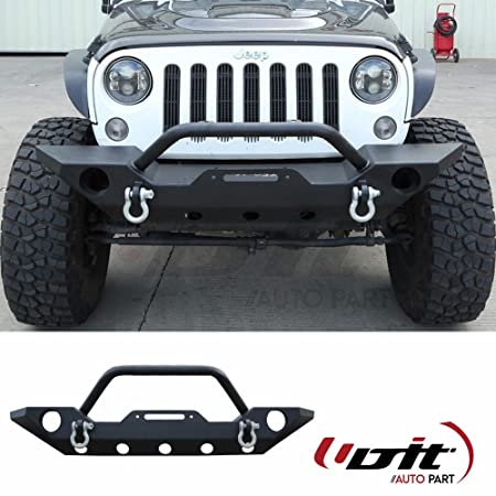 UDIT Black Textured Rock Crawler Front Bumper With Fog Light holes 2x  D-Ring & Winch Plate for 07-18 Jeep Wrangler JK Exterior Accessories Bumper  Guards