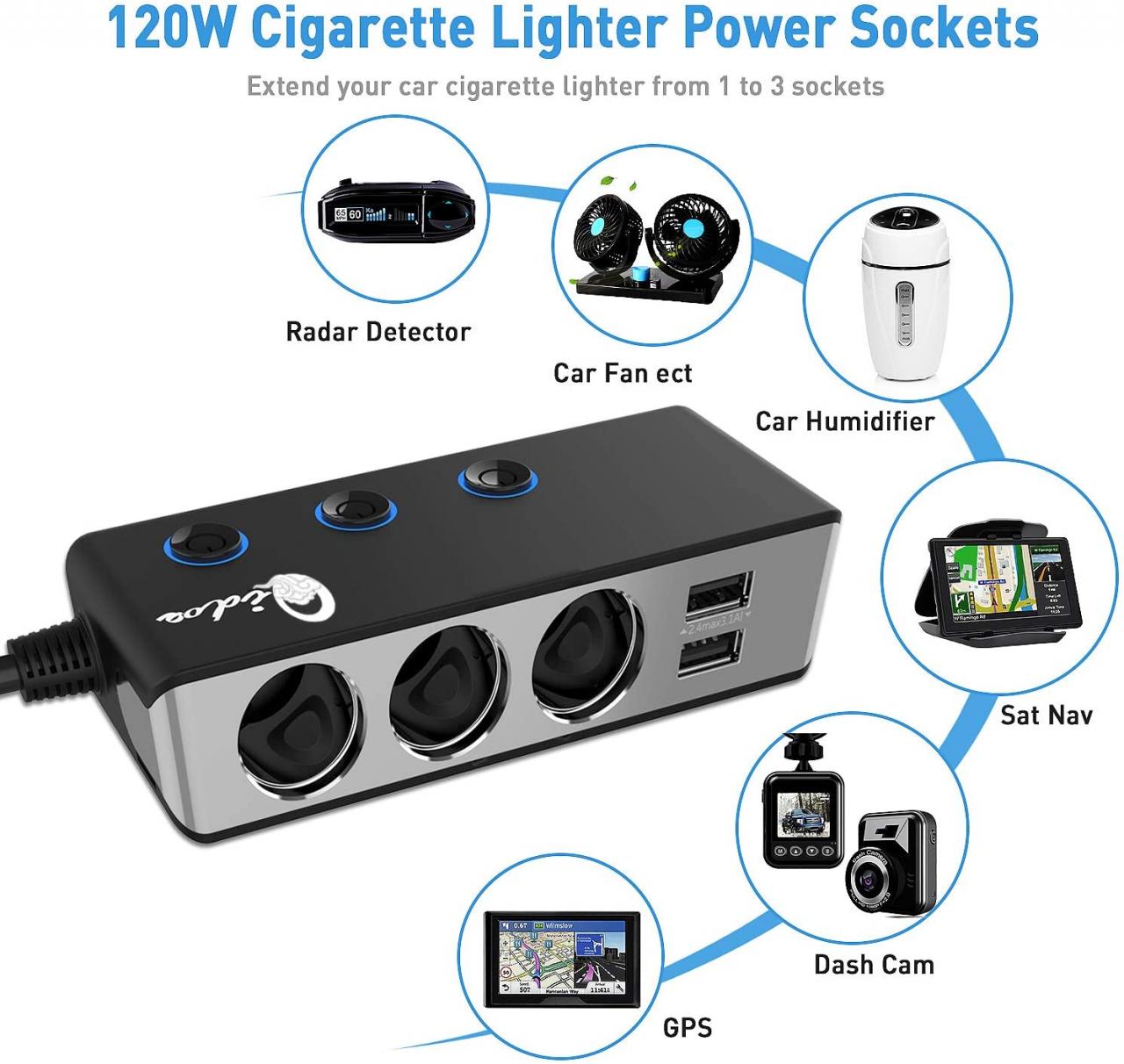 Qidoe Quick Charge 3.0 Cigarette Lighter Splitter, 12V/24V 3-Socket 120W DC  Power Car Splitter with LED Voltmeter Power Switch, 8.5A 4 USB Fast Outlets  for GPS, Dash Cam, Sat Nav, Phone, iPad,