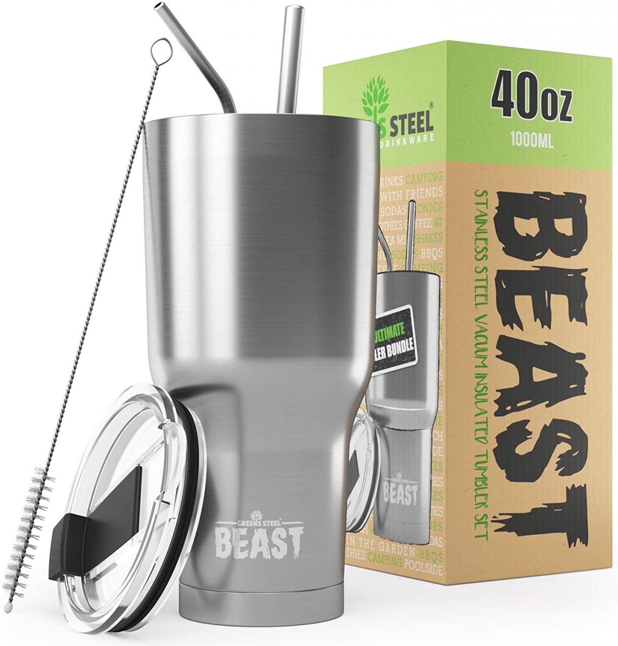 Buy BEAST 40oz Stainless Steel Tumbler Vacuum Insulated Coffee Cup Double  Wall Travel Flask Mug with Splash Proof Lid, 2 Straws, Pipe Brush & Box  Bundle By Greens Steel Online in Indonesia.