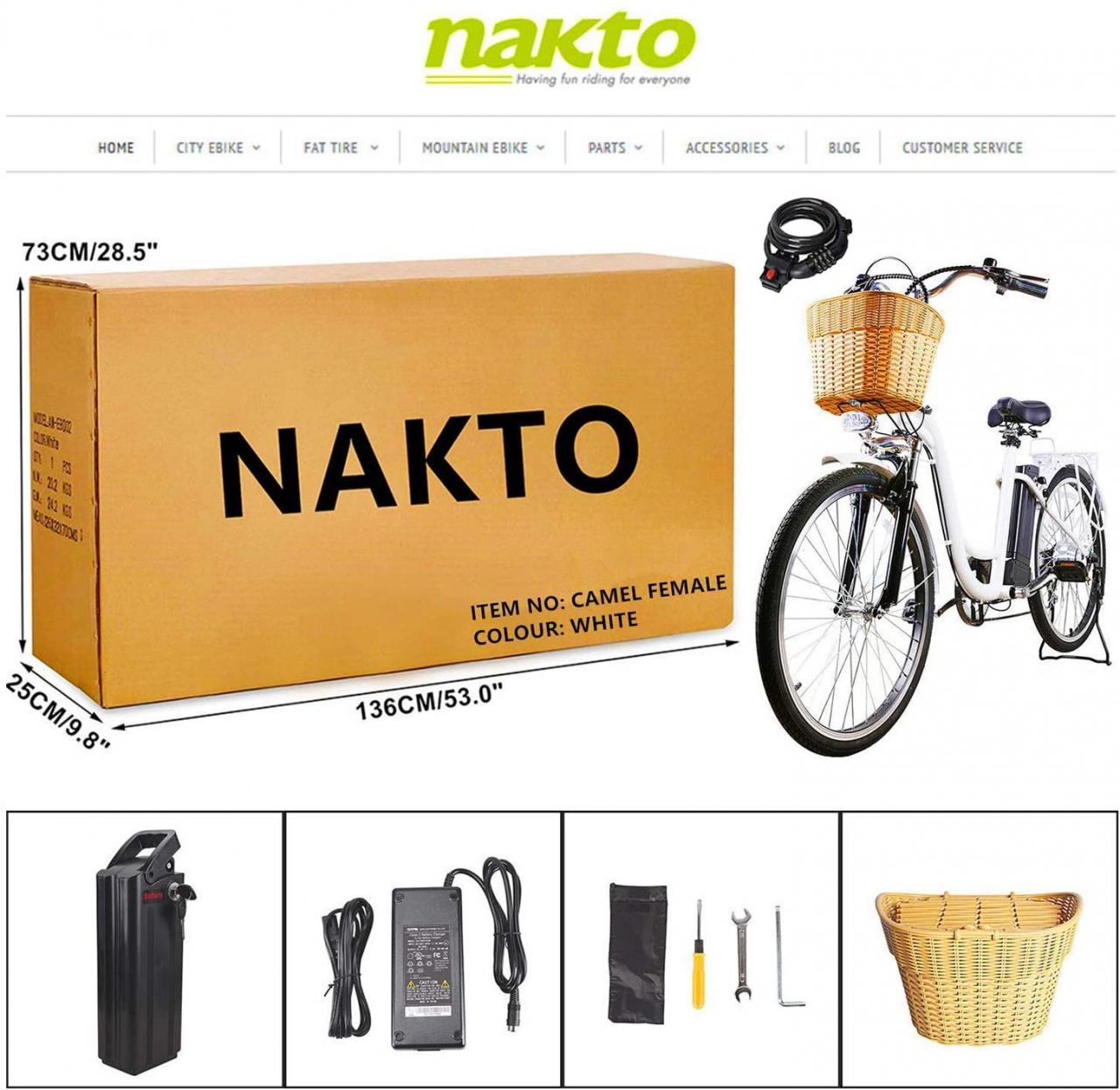 Nakto NAK- CLSFB 26 in. Classic Cargo Electric Bicycle Sporting Shimano 6  Speed Gear EBike Brushless Gear Motor, Beige from UnbeatableSale at SHOP.COM