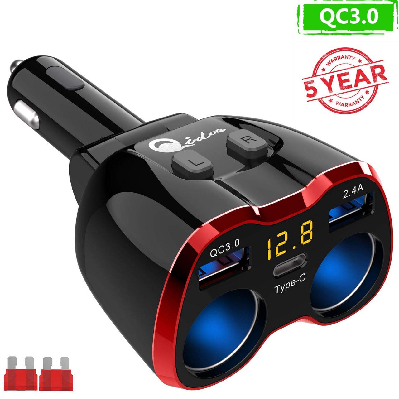 Qidoe Cigarette Lighter Splitter Quick Charger 3.0, 2-Socket Car Splitter  Quick Charge 3.0 & USB