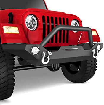 LEDKINGDOMUS Rock Crawler Front Bumper for 07-18 Jeep Wrangler JK and JK  Unlimited, Built-in 90W LED Light Bar w/ 2x 60W Fog Light, Wiring Harness,  Winch Plate and D-rings Textured Black :