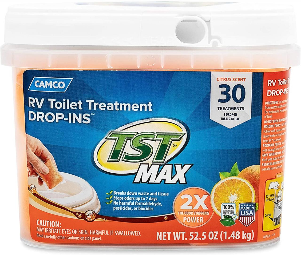 Buy Camco TST Ultra-Concentrated Orange Citrus Scent RV Toilet Treatment  Drop-Ins, Formaldehyde Free, Breaks Down Waste And Tissue, Septic Tank  Safe, 30-Pack (41183) Online in Hong Kong. B016V2B1Z8