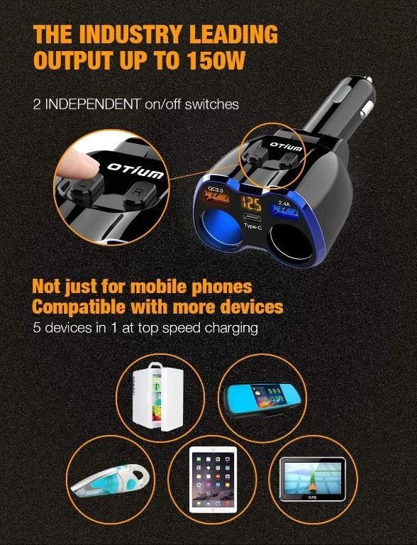 WMQ(32) OTIUM 150W 2-Socket Cigarette Lighter Splitter, Car Charger QC 3.0  Dual USB Ports 1 USB C Fast Car Adapter with Separate Switch LED Voltmeter  Replaceable 15A Fuse Compatible GPS/Dash Cam/iPhone11/iPad, Mobile Phones &  Gadgets ...